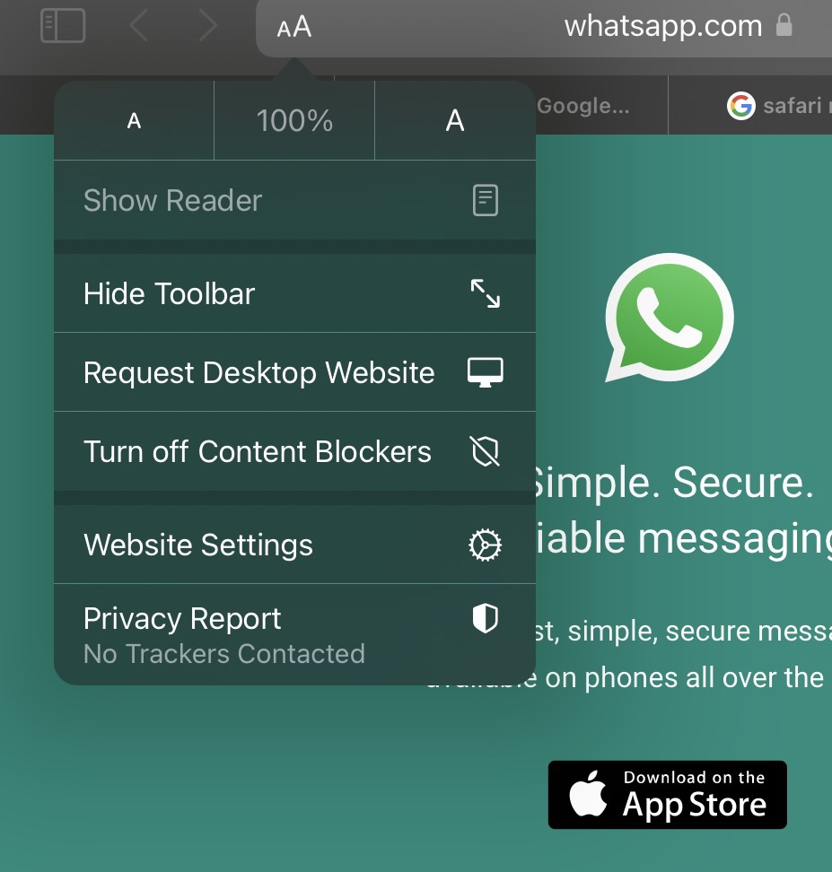 iPad 使用WhatsApp 教學-要在Safari 的功能表上按 Request Desktop Site 功能